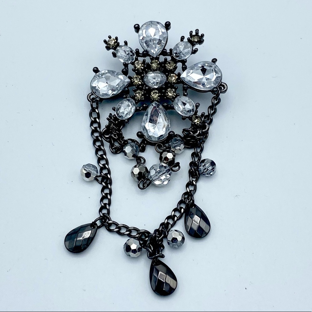 Multi Faceted Rhinestone Gunmetal Tone Dangling Chain Bead Statement Brooch Pin